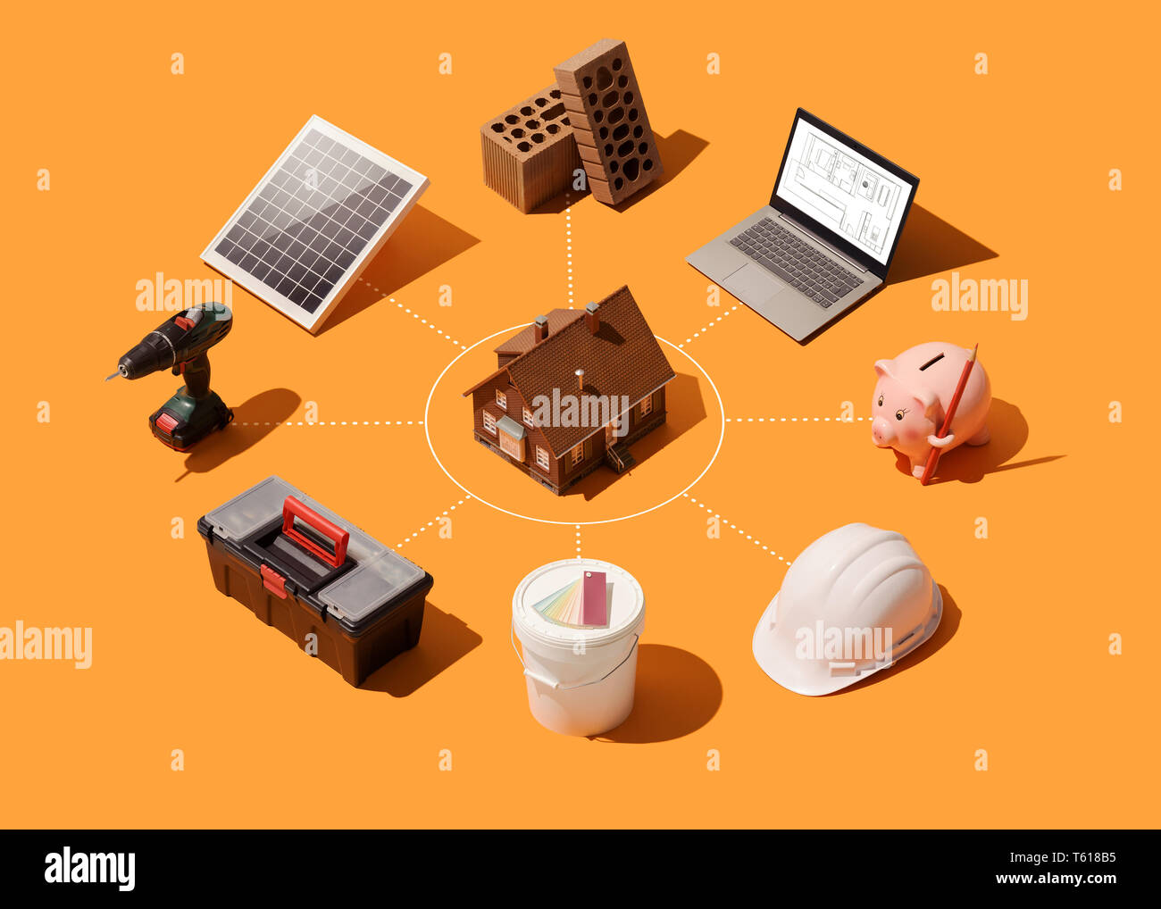 Home renovation, repair and construction isometric infographic: model house with laptop, tools and construction materials Stock Photo