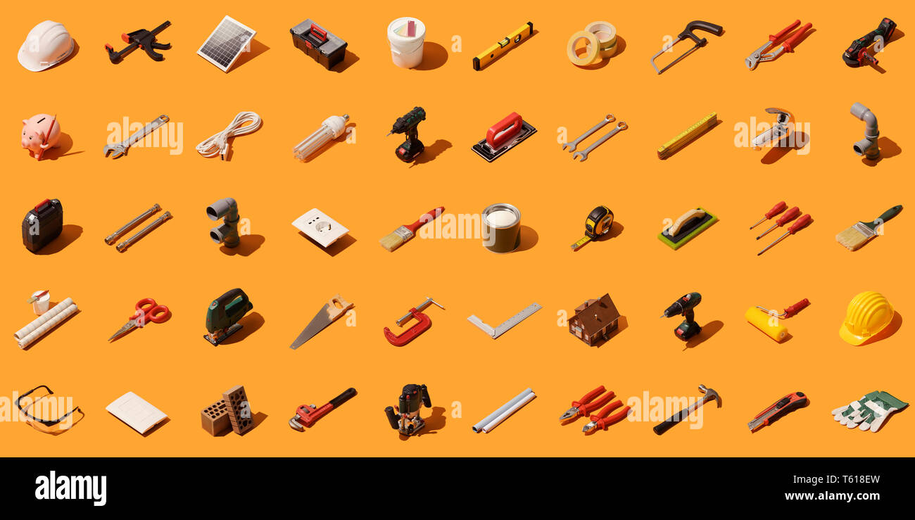 Do it yourself, construction and home renovation background with isometric tools and objects Stock Photo