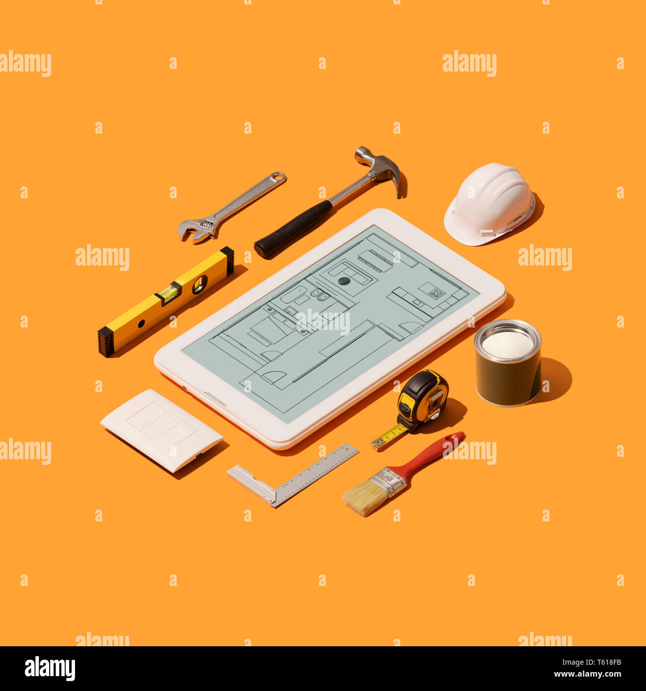 Home Renovation And Project Design App On A Touch Screen Tablet And Isometric Diy Construction Tools On A Smartphone Stock Photo Alamy