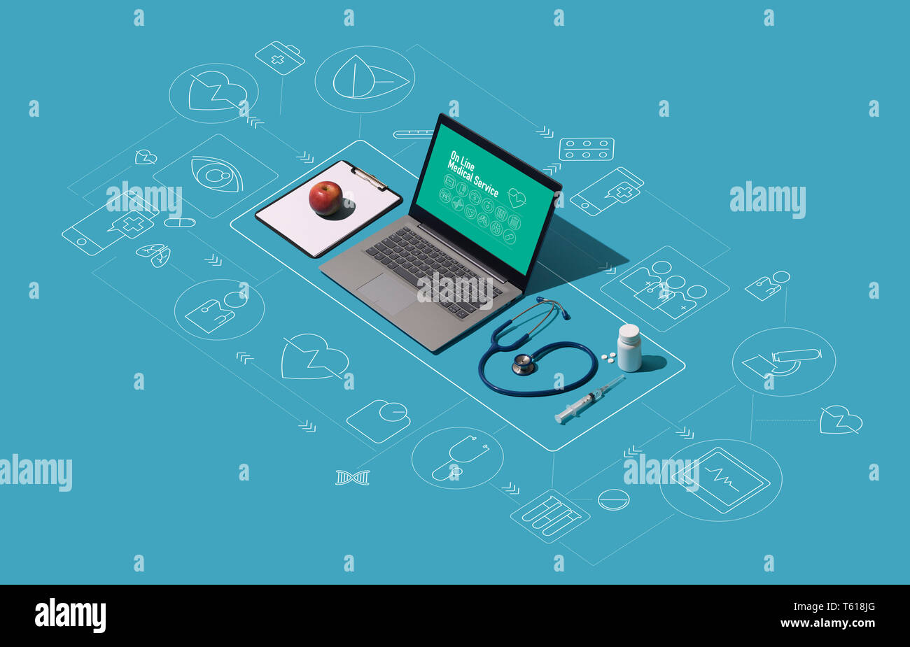 Isometric healthcare desktop with connected laptop, icons and medical equipment, online medical consultation concept Stock Photo