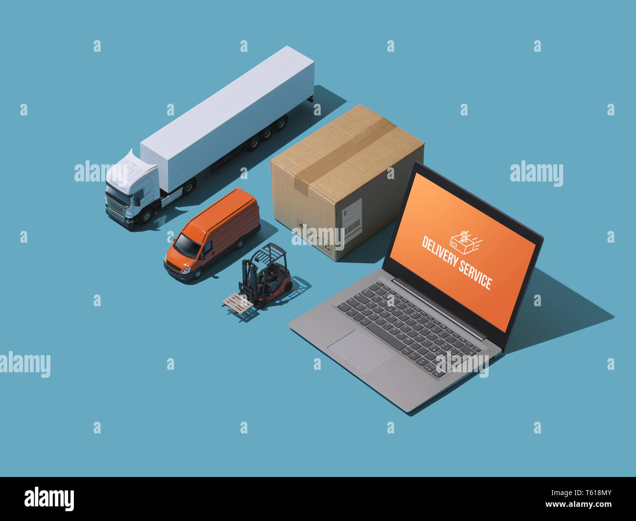Professional express delivery, warehousing and shipment service: isometric trucks, boxes and laptop Stock Photo