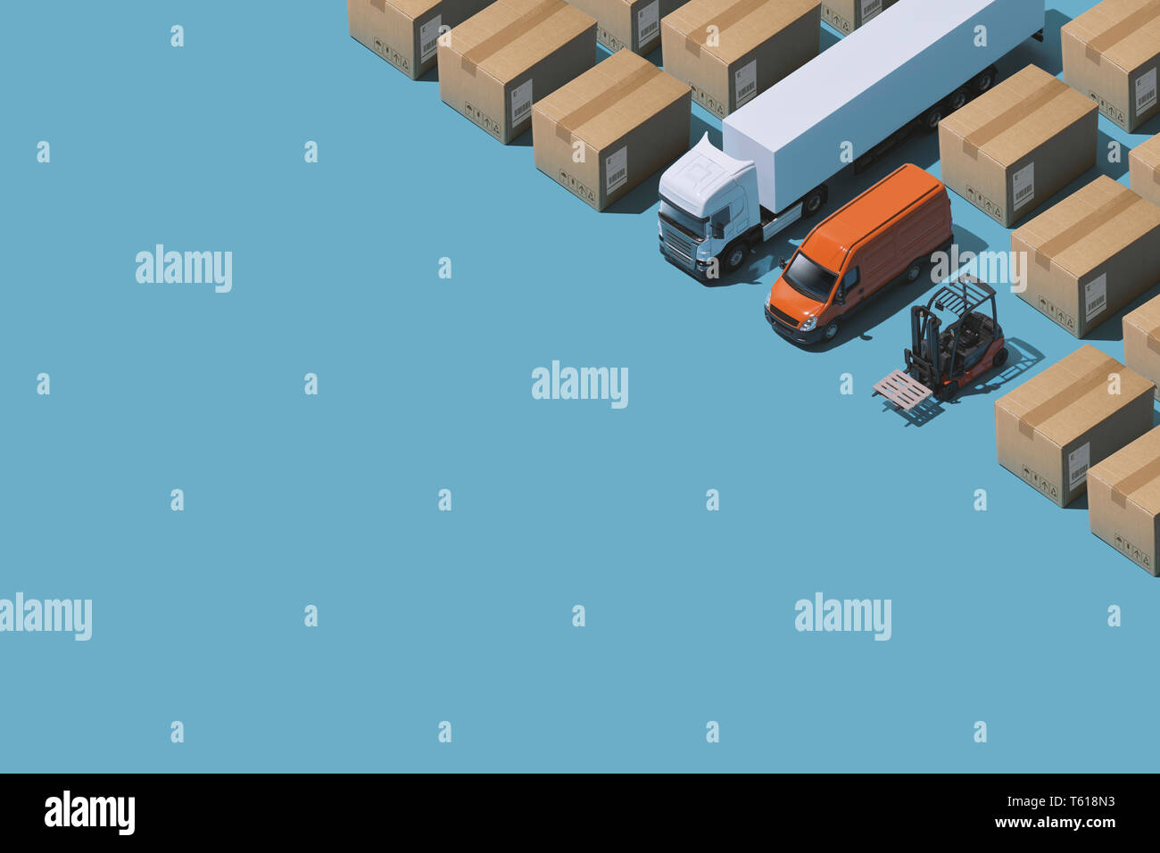 Professional express delivery, warehousing and shipment service: isometric trucks and parcels with copy space Stock Photo