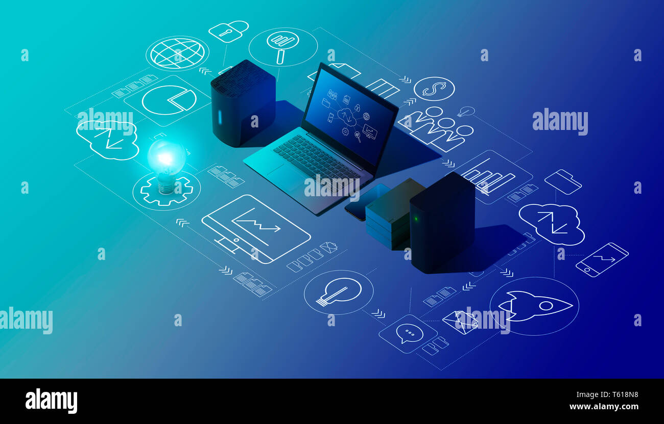 Cloud computing, data transmission, storage and backup concept: isometric computer, servers, hard disks and network of icons Stock Photo