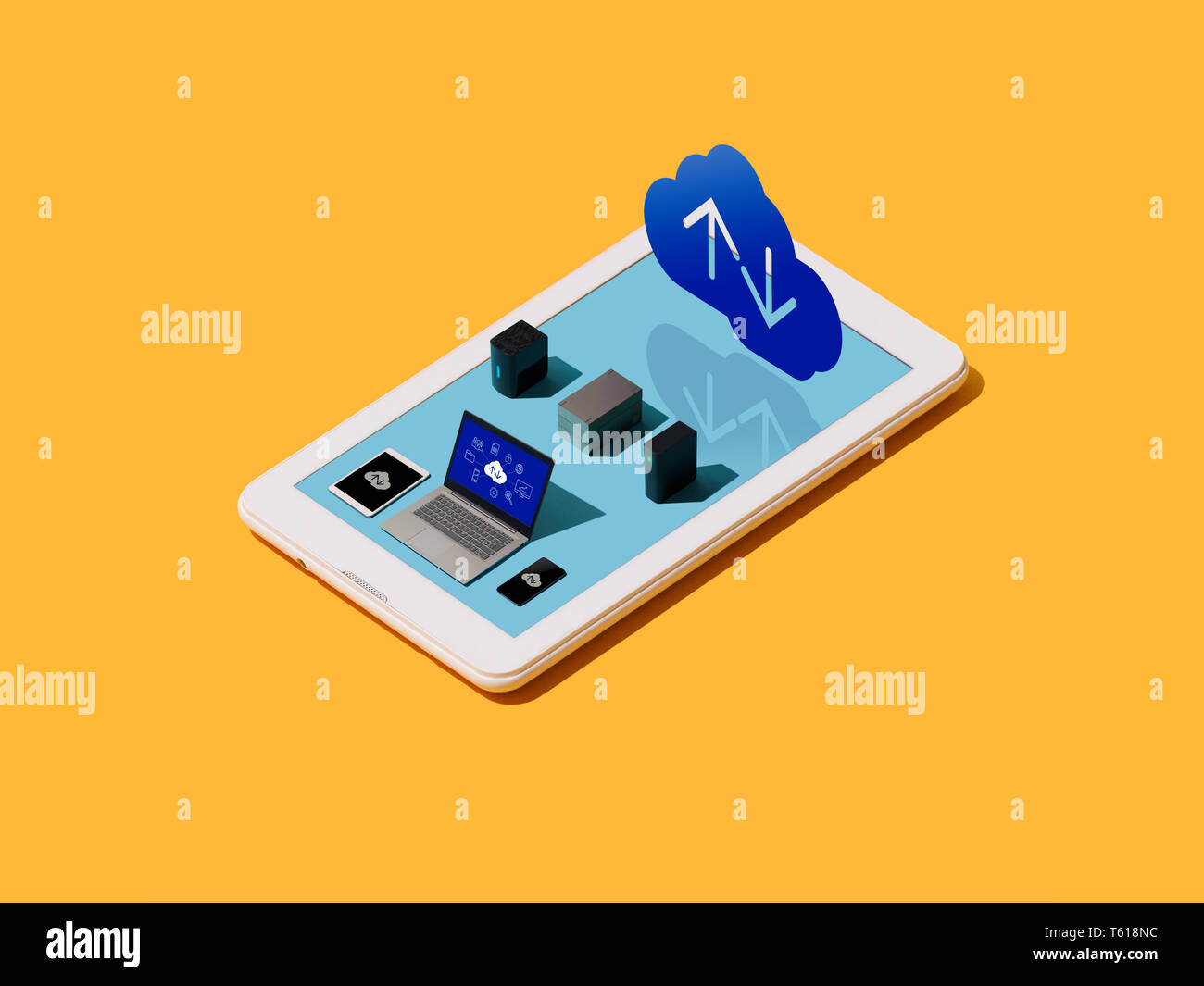 Cloud computing, data transmission and storage app: laptop, servers and hard disks on a touch screen smartphone display Stock Photo