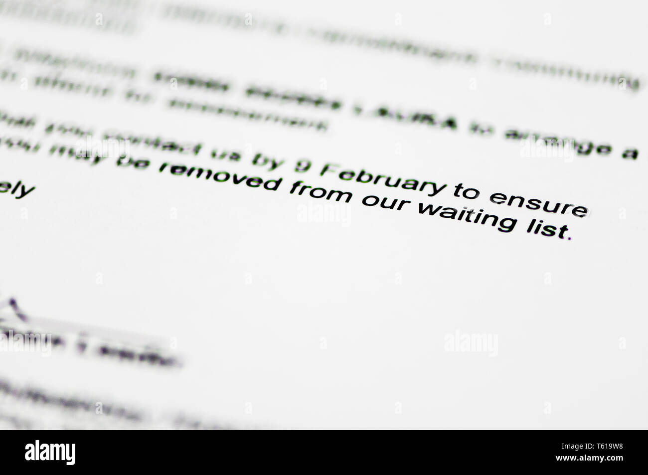 Hospital referral letter warning patient that they could be removed from the waiting list. Stock Photo