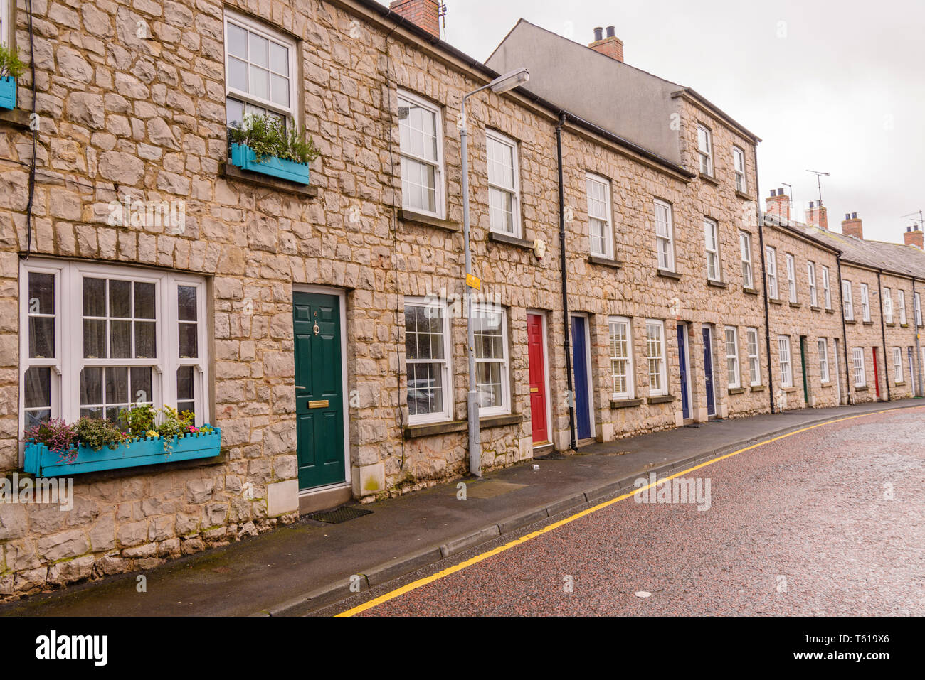 Terrace of pretty stone houses in Castle Street, Armagh, Northern Ireland Stock Photo