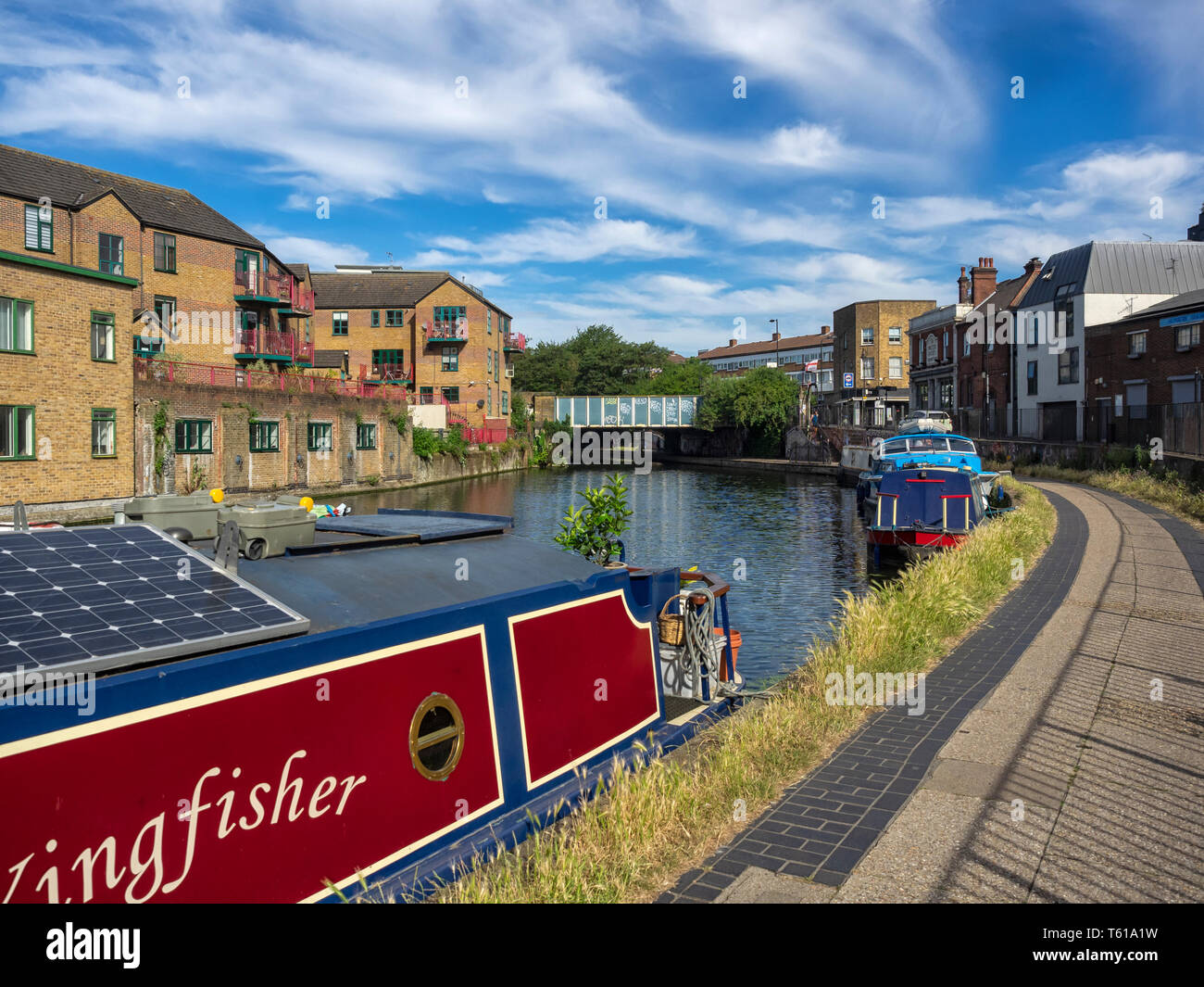 LONDON, UK - JUNE 14, 2018:  View along the Towpath of the Regent's Canal in Hackney Stock Photo