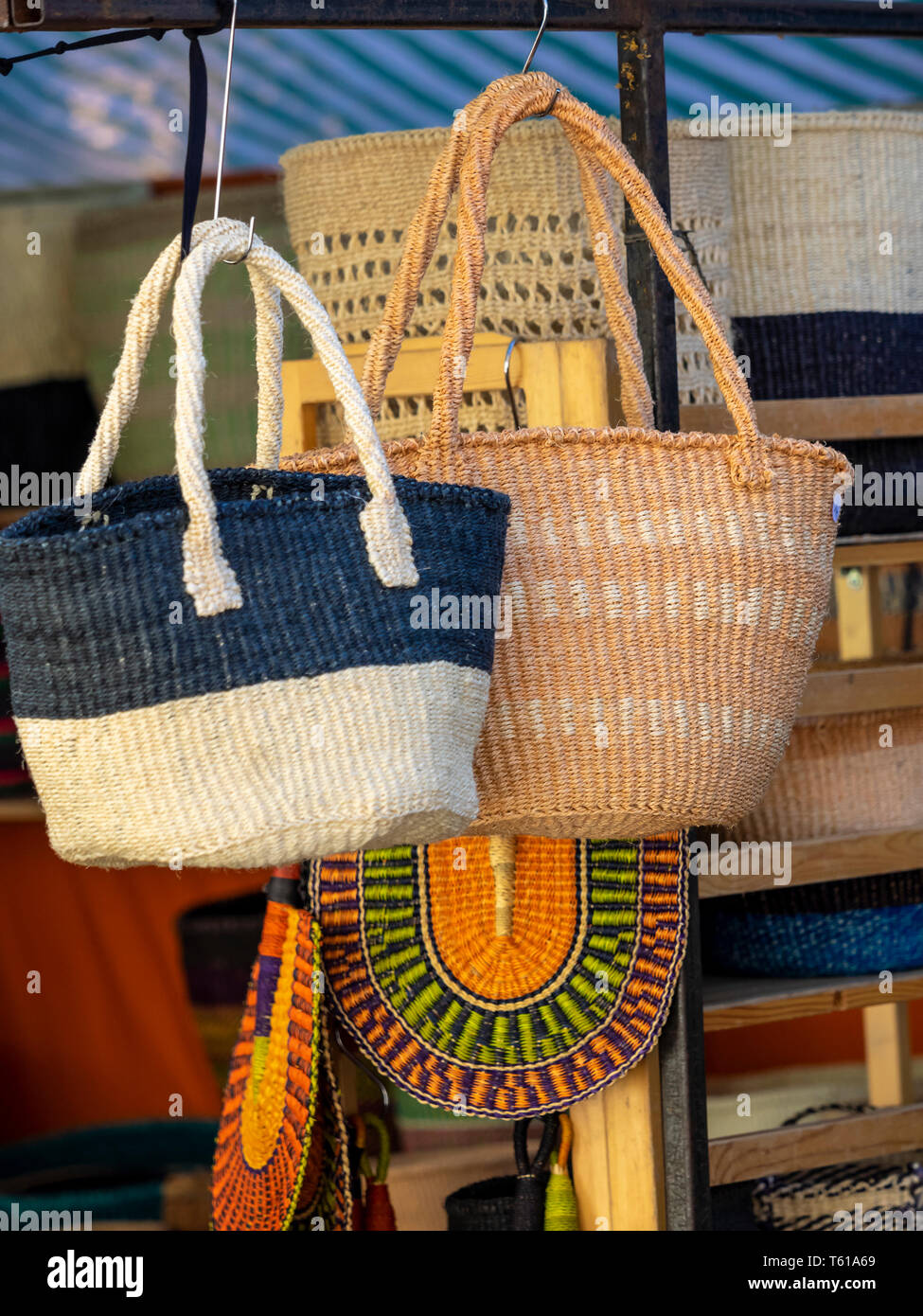 Raffia Baskets for sale at Street Market Stock Photo Alamy