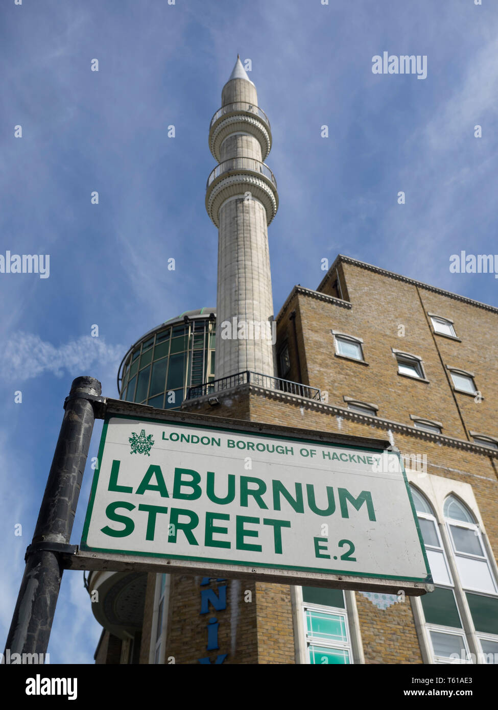 LONDON, UK - JUNE 14, 2018:   Street sign for Laburnum Street with the Suleymaniye Mosque in the background Stock Photo