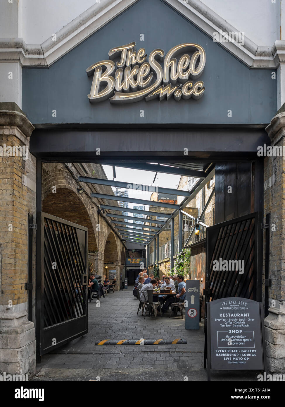 LONDON, UK - JUNE 14, 2018:  The Bike Shed Motorcycle Club Restaurant in Old Street Stock Photo