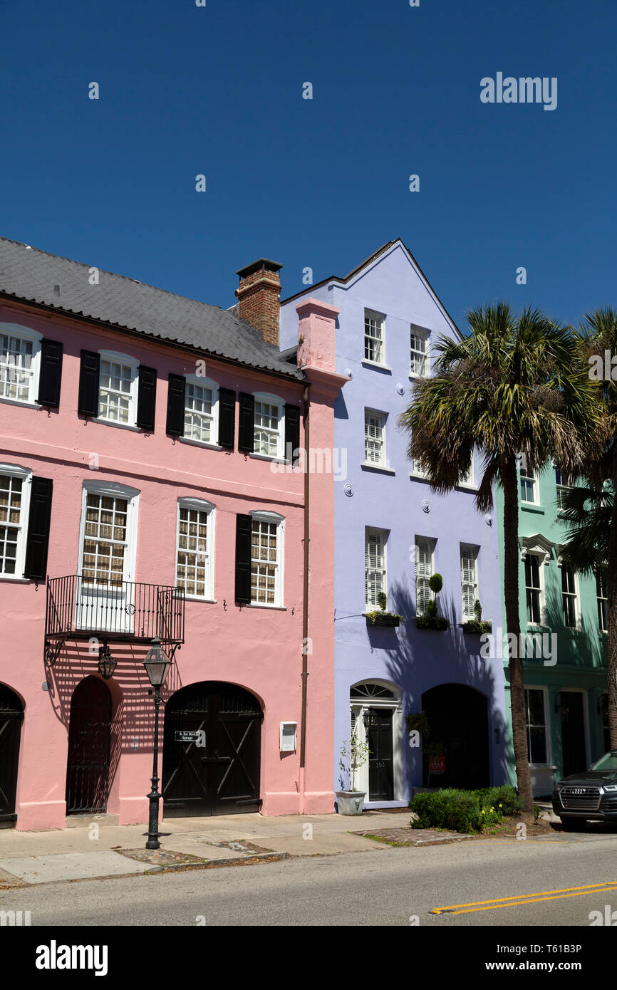 Pastel facades of colonial buildings in Charleston, South Carolina, USA. Stock Photo