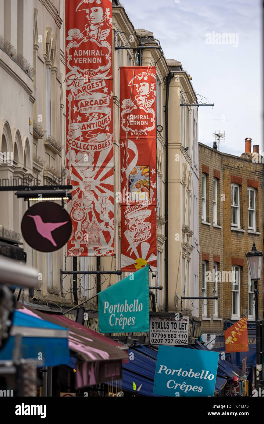 LONDON, UK - JUNE 14, 2018:  Banner  signs for Admiral Vernon Arcade in  Portobello Road Antiques Market Stock Photo
