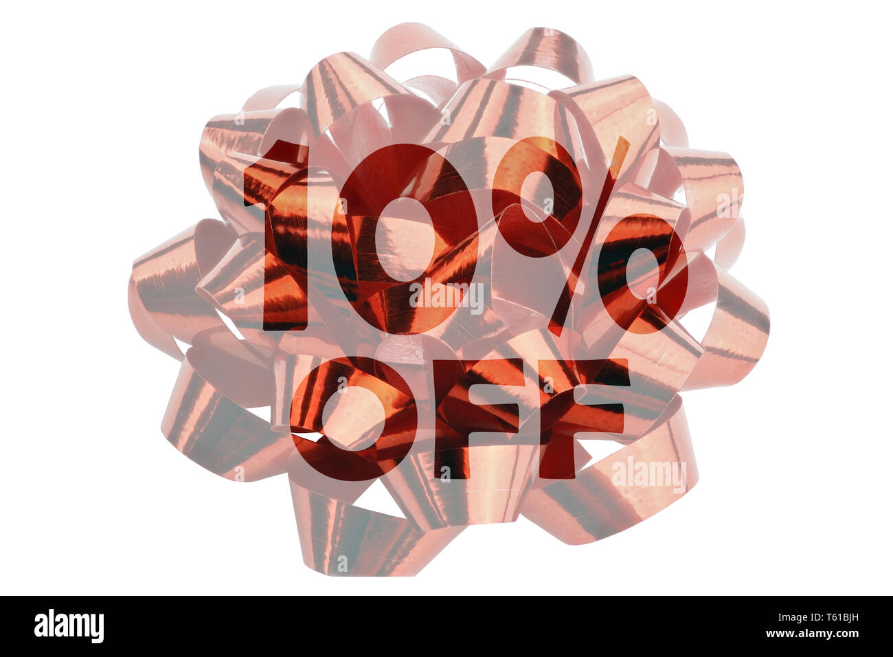 10 percent off symbolic illustration with lettering 10 percent off in front of closeup of a red gift ribbon Stock Photo