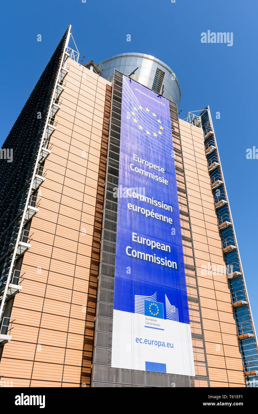 Low angle view of the large banner on the facade of the southern wing of the Berlaymont building, seat of the European Commission in Brussels, Belgium Stock Photo