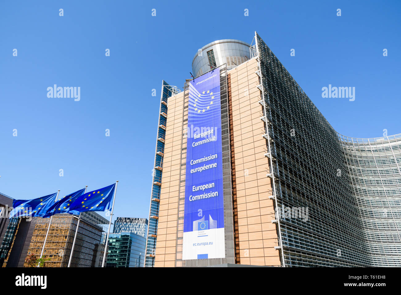 Low angle view of the large banner on the facade of the southern wing of the Berlaymont building, seat of the European Commission in Brussels, Belgium Stock Photo