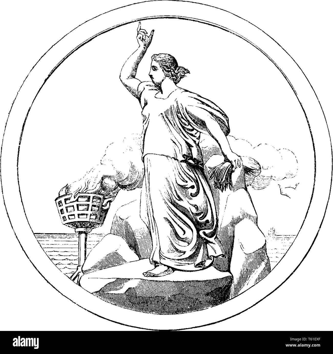 A woman standing on a rock and raising left hand, vintage line drawing ...