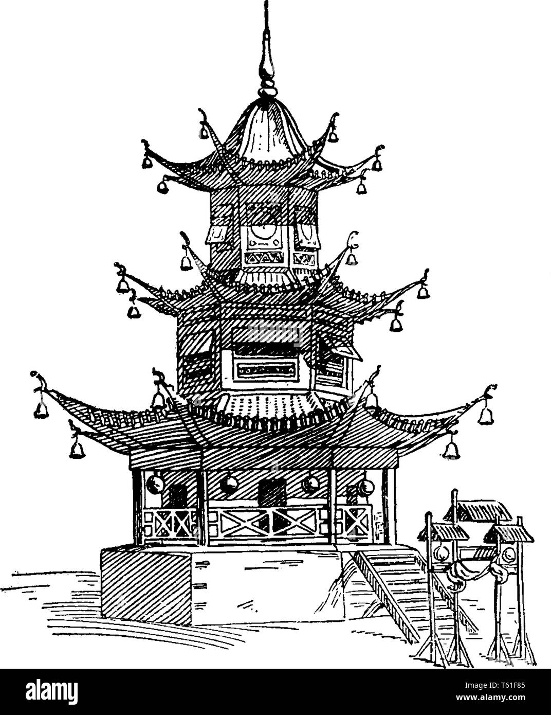 Pagoda is a tiered tower with multiple eaves built in traditions  originating as stupa in historic South Asia, vintage line drawing or  engraving illust Stock Vector Image & Art - Alamy