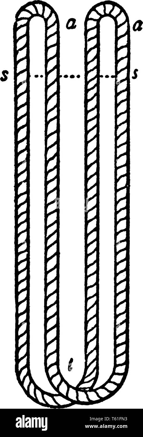 Double Strop Made with one piece of rope the splice being brought as usual to the crown of the block, vintage line drawing or engraving illustration. Stock Vector