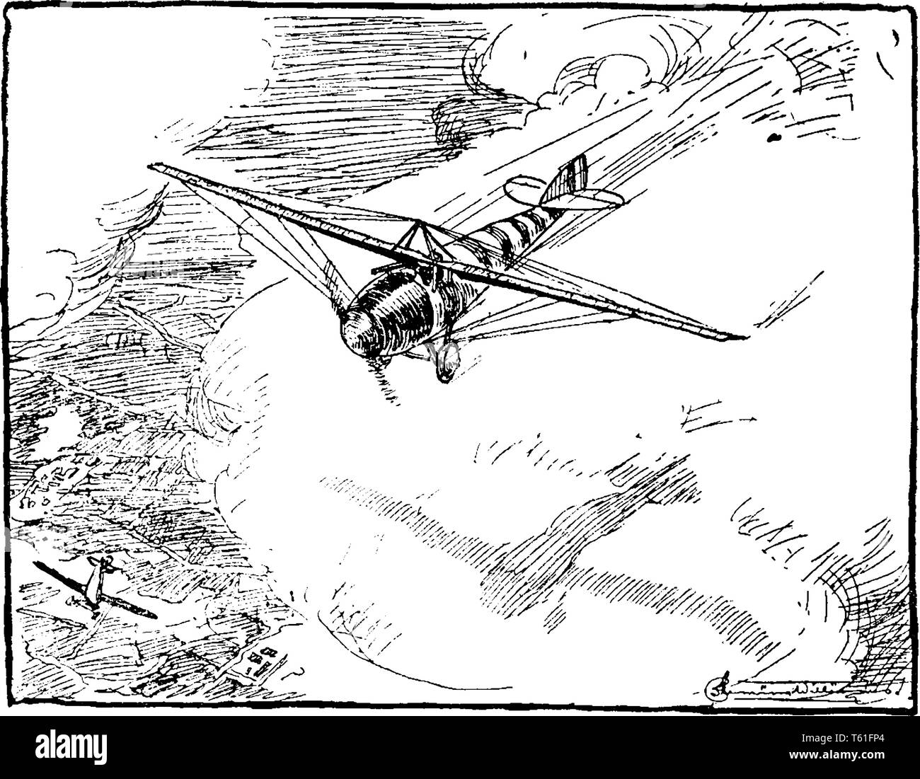 Airplane Flying Above Land illustrating the use of ailerons to adjust the angle of incidence to adjust the lift, vintage line drawing or engraving ill Stock Vector