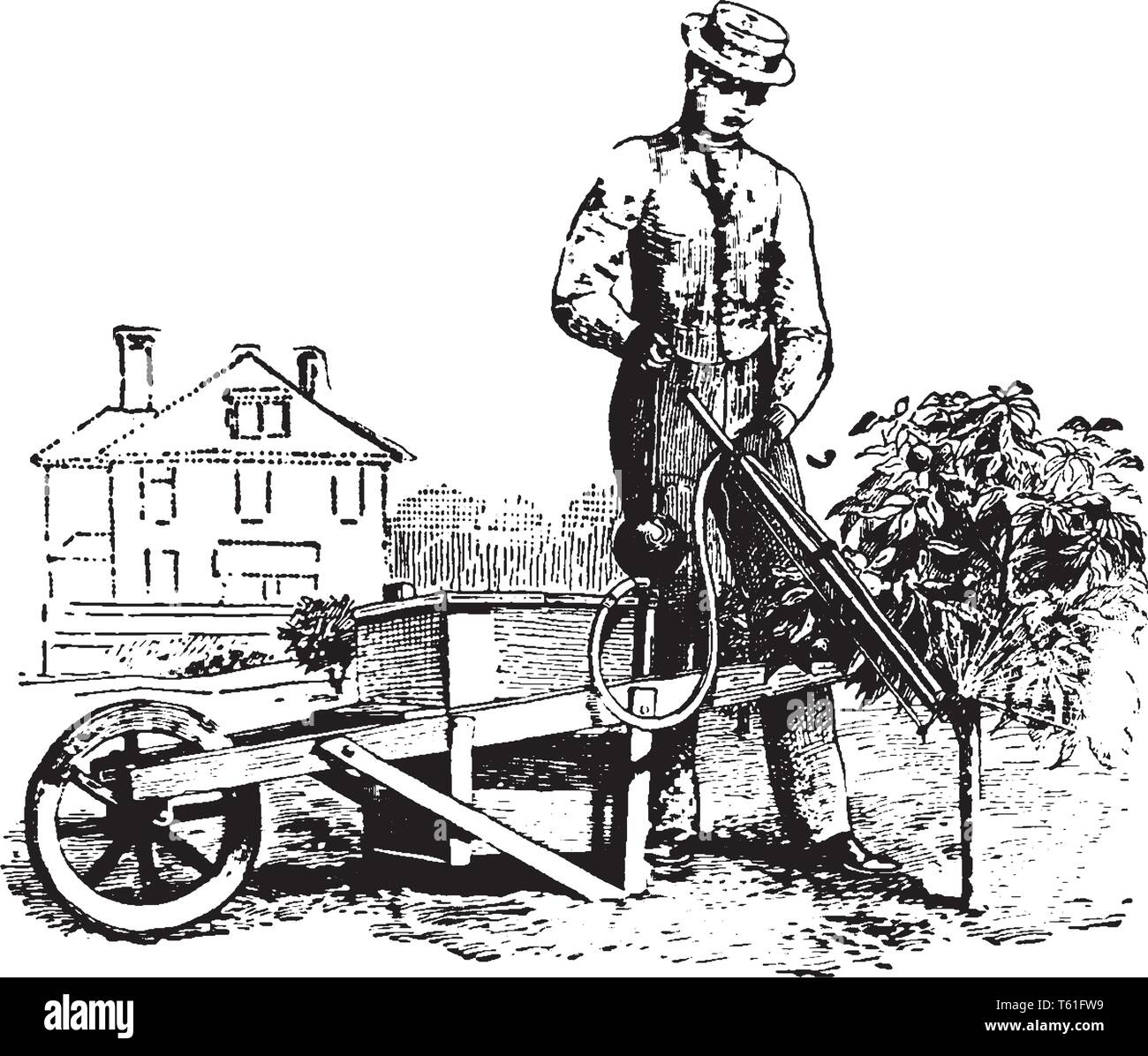 A barrow outfit used to spray insecticide, vintage line drawing or engraving illustration Stock Vector