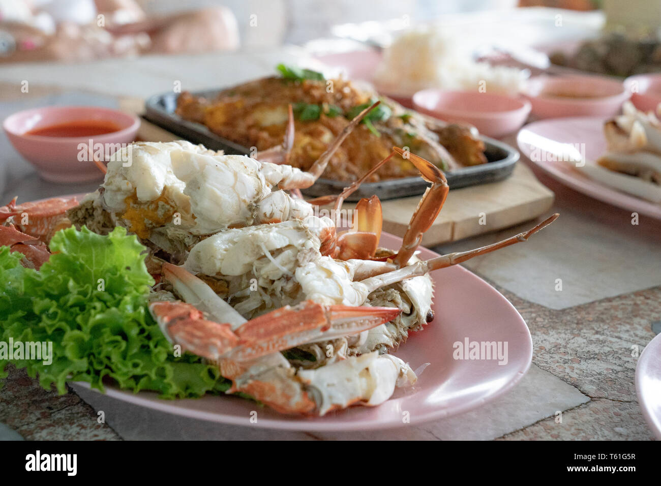 Boiled Crab with the traditional Thai Seafood Table and Lunch style. Stock Photo