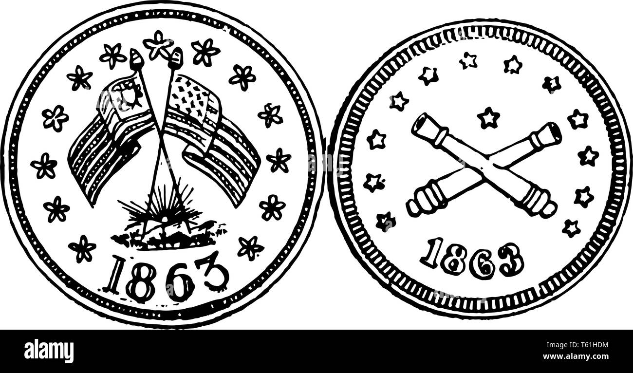 A picture showing a war token 1863. There are two crossed flags on one side of the coin and another side two crossed cannon. This is a U.S. currency,  Stock Vector