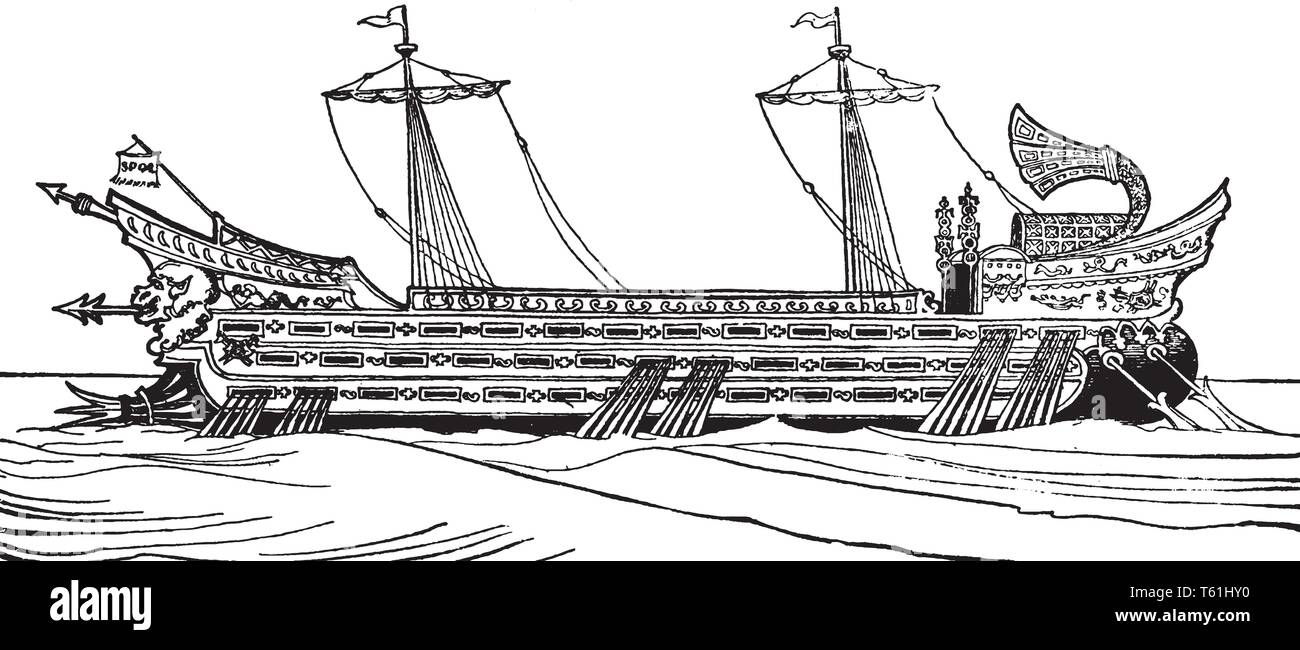 Roman Galley with three banks of oars, vintage line drawing or engraving illustration. Stock Vector