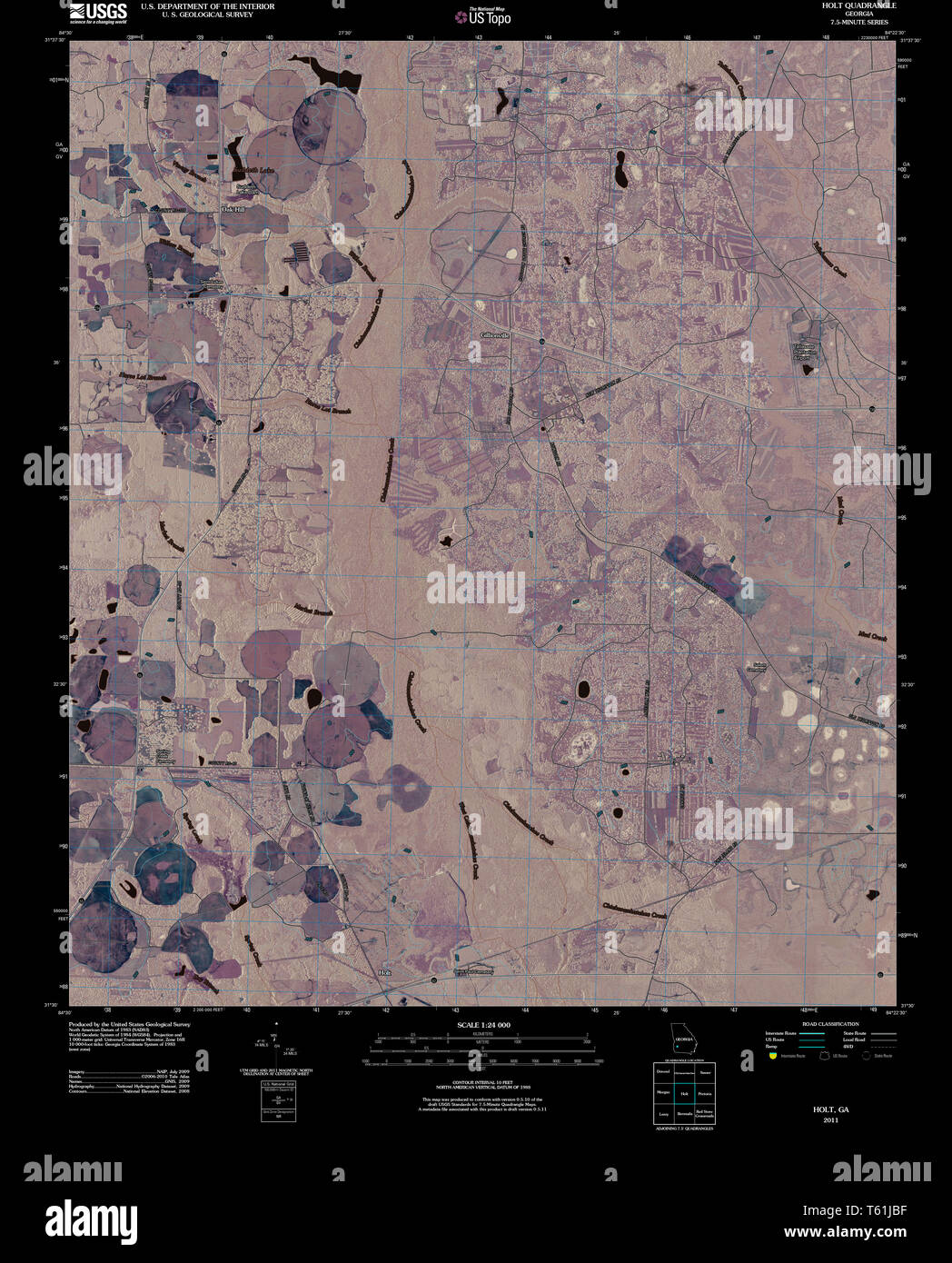 USGS TOPO Map Georgia GA Holt 20110314 TM Inverted Restoration Stock Photo