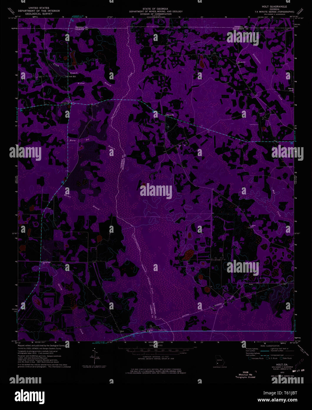 USGS TOPO Map Georgia GA Holt 245958 1973 24000 Inverted Restoration Stock Photo