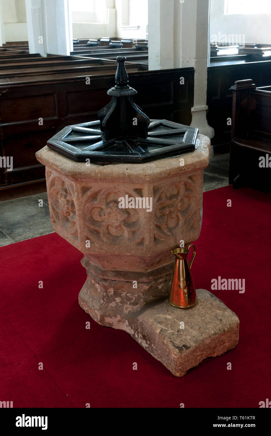 The font, St. Peter`s Church, Pebworth, Worcestershire, England, UK ...