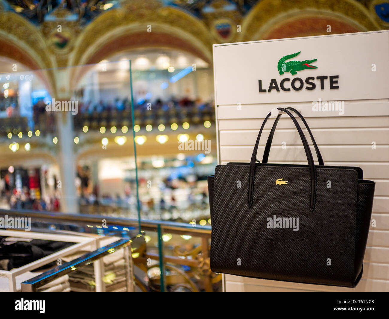 Paris, France, August 18,2018: Lacoste logo on display in Galeries Lafayette Stock Photo