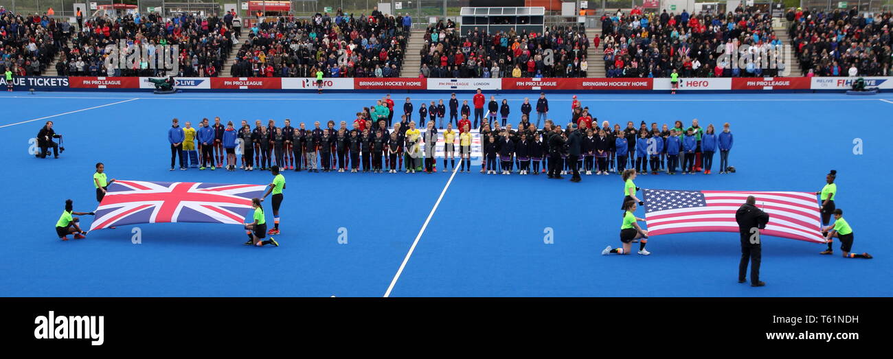 Opening celebration for the 2019 FIH Pro League Great Britain v United States women’s hockey match at Queens Elizabeth Olympic Park, London. Stock Photo