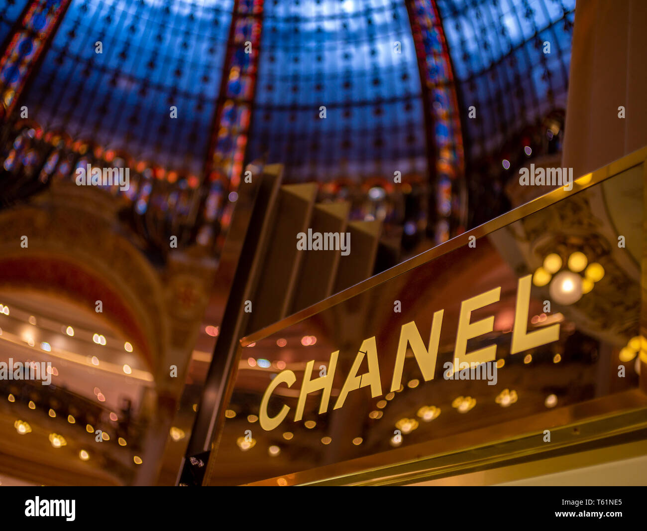 Paris, France, August 18,2018: Chanel logo on display in Galeries Lafayette Stock Photo