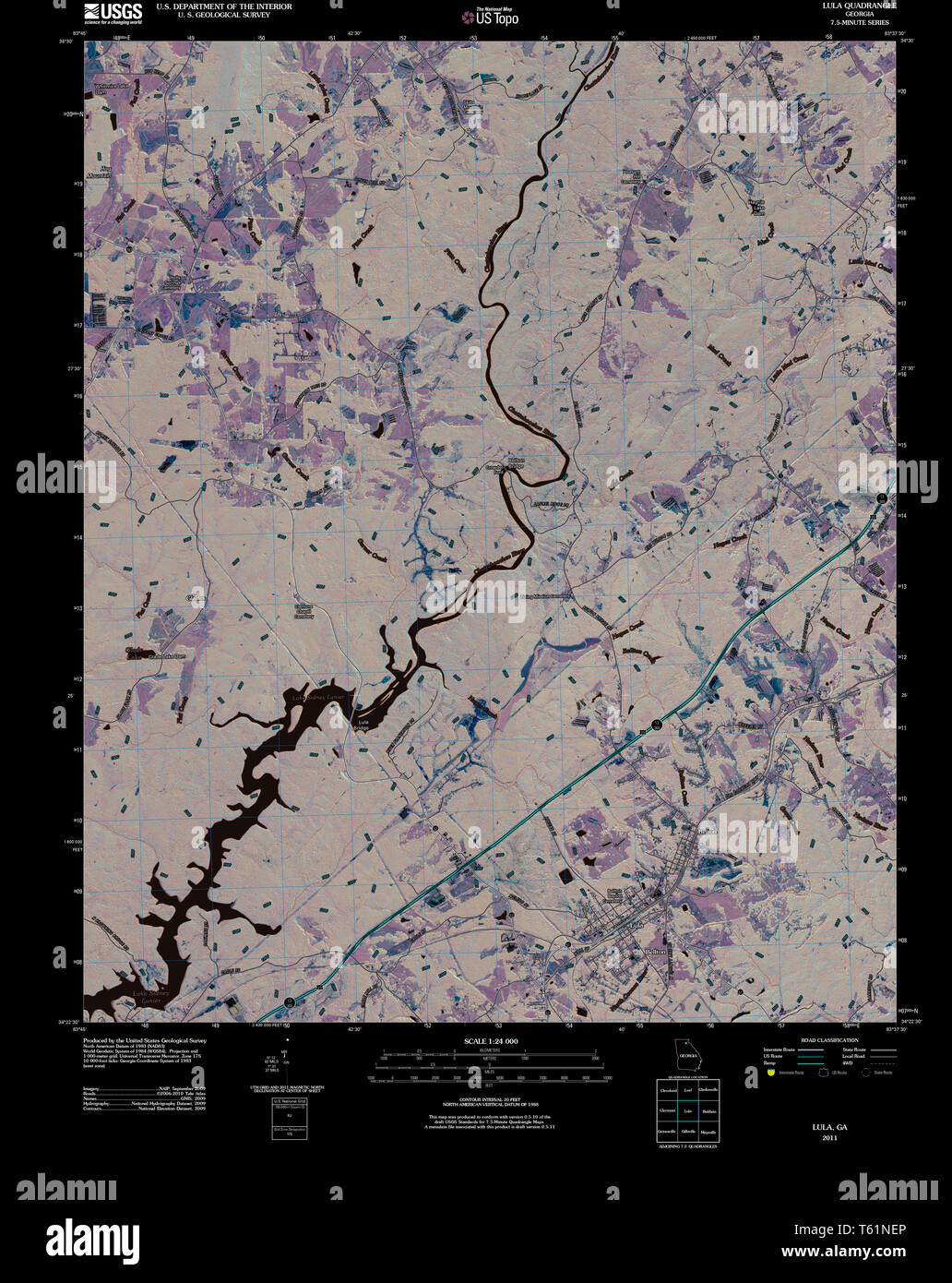 USGS TOPO Map Georgia GA Lula 20110304 TM Inverted Restoration Stock Photo