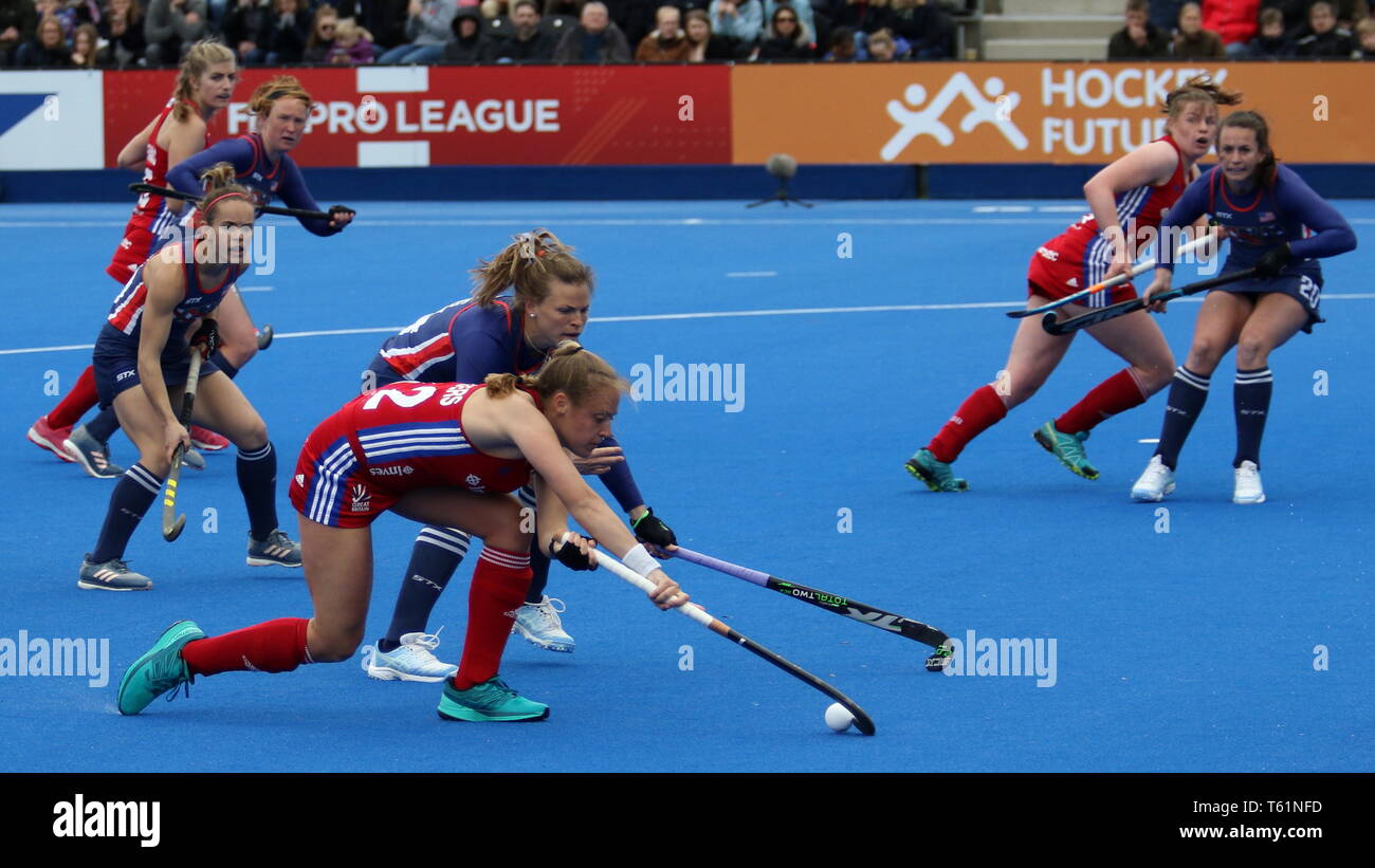 Erica Sanders (GBR) in the 2019 FIH Pro League Great Britain v United States women’s hockey match at Queens Elizabeth Olympic Park, London. Stock Photo