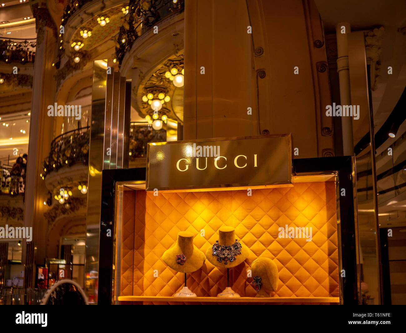 Paris, France, August 18,2018: Gucci logo on display in Galeries Lafayette  Stock Photo - Alamy