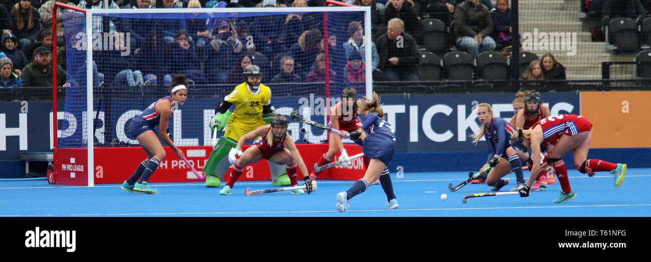 United States applying pressure in the 2019 FIH Pro League Great Britain v United States women’s hockey match at Queens Elizabeth Olympic Park, London Stock Photo