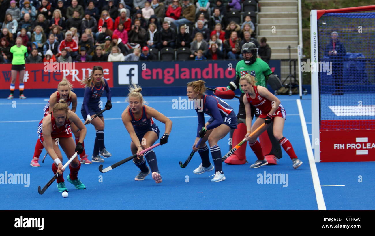 Great Britian apply pressure in the 2019 FIH Pro League Great Britain v United States women’s hockey match at Queens Elizabeth Olympic Park, London. Stock Photo