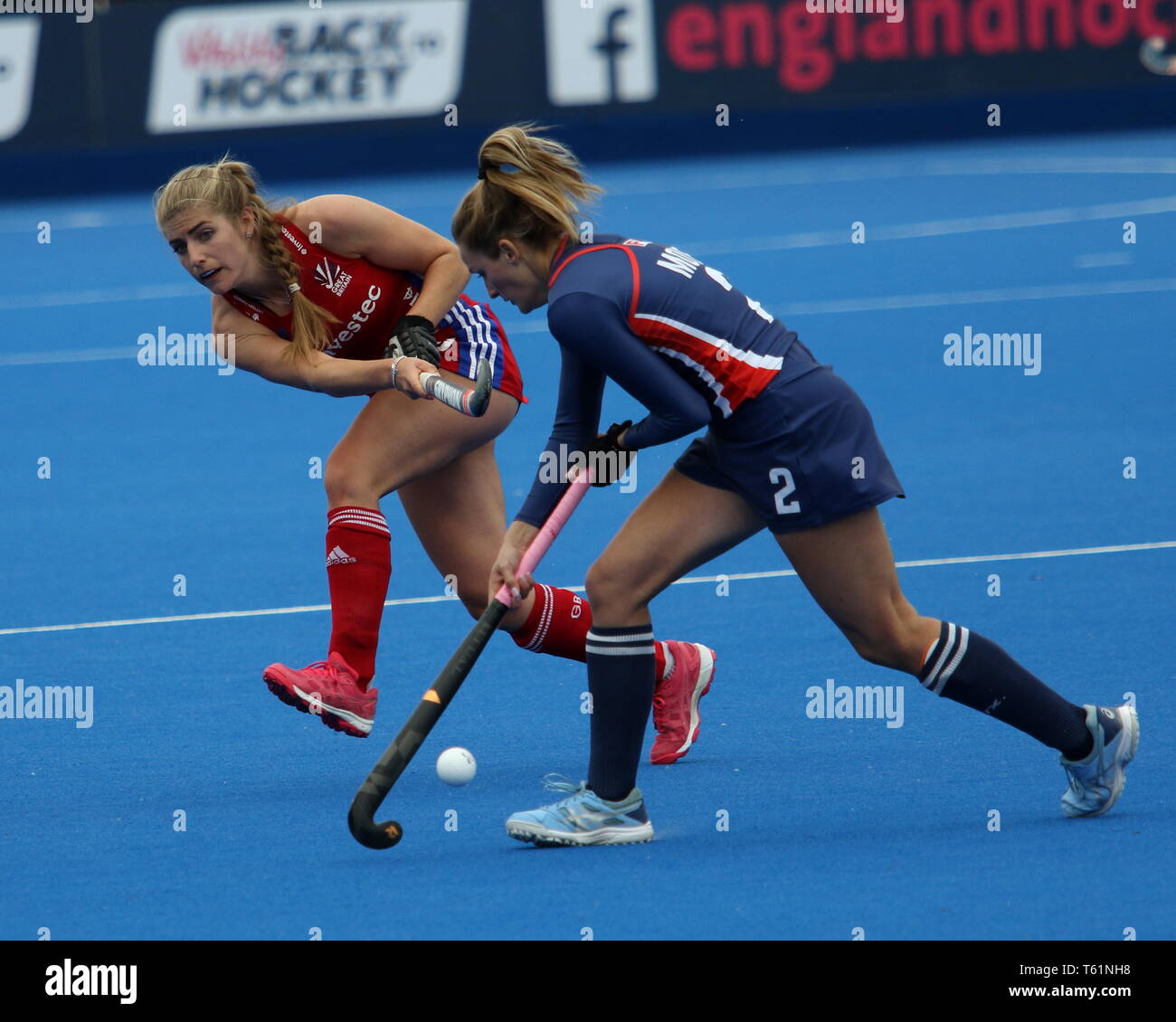 Sarah Evans (GBR) and Lauren Moyer (USA) in the 2019 FIH Pro League Great Britain v United States women’s hockey match at the Olympic Park, London Stock Photo