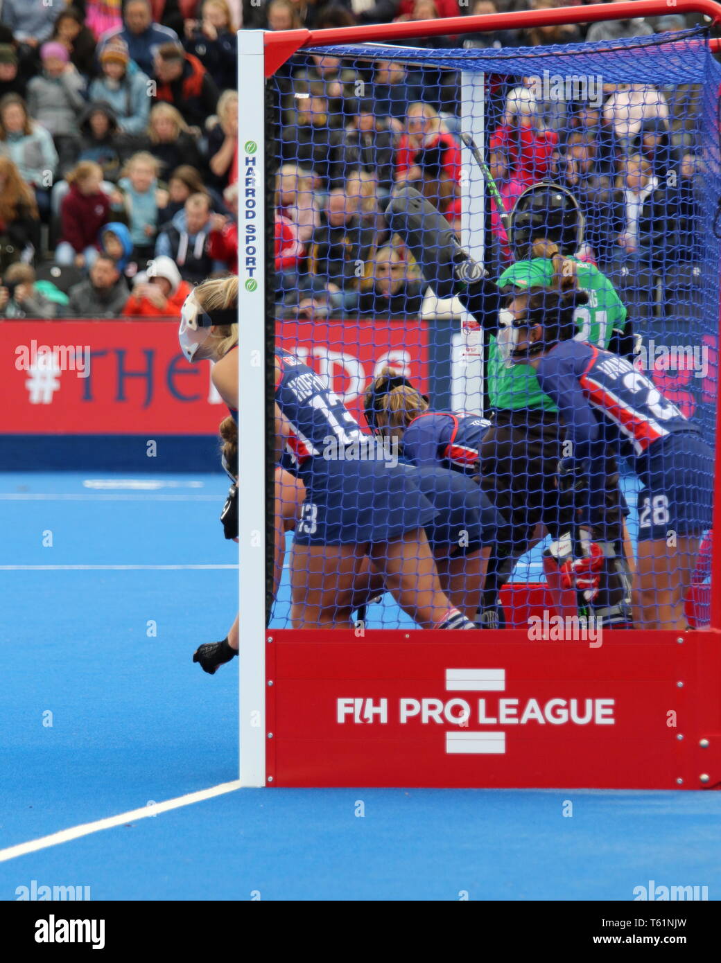 United States preparing for penalty in the 2019 FIH Pro League Great Britain v United States women’s hockey match at  the Olympic Park, London Stock Photo