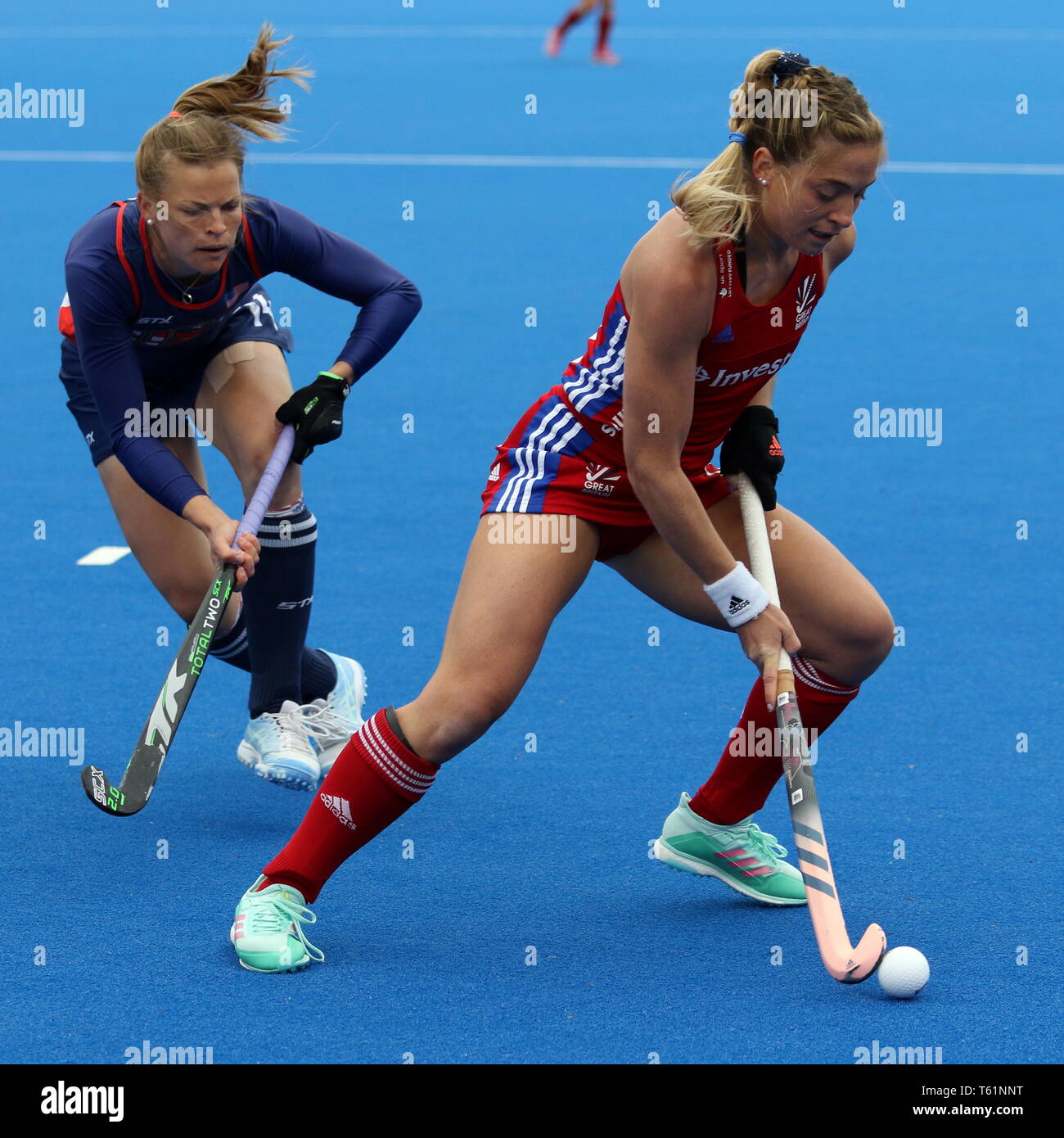 Suzy Petty (GBR) the 2019 FIH Pro League Great Britain v United States women’s hockey match at Queens Elizabeth Olympic Park, London. 27th April 2019. Stock Photo