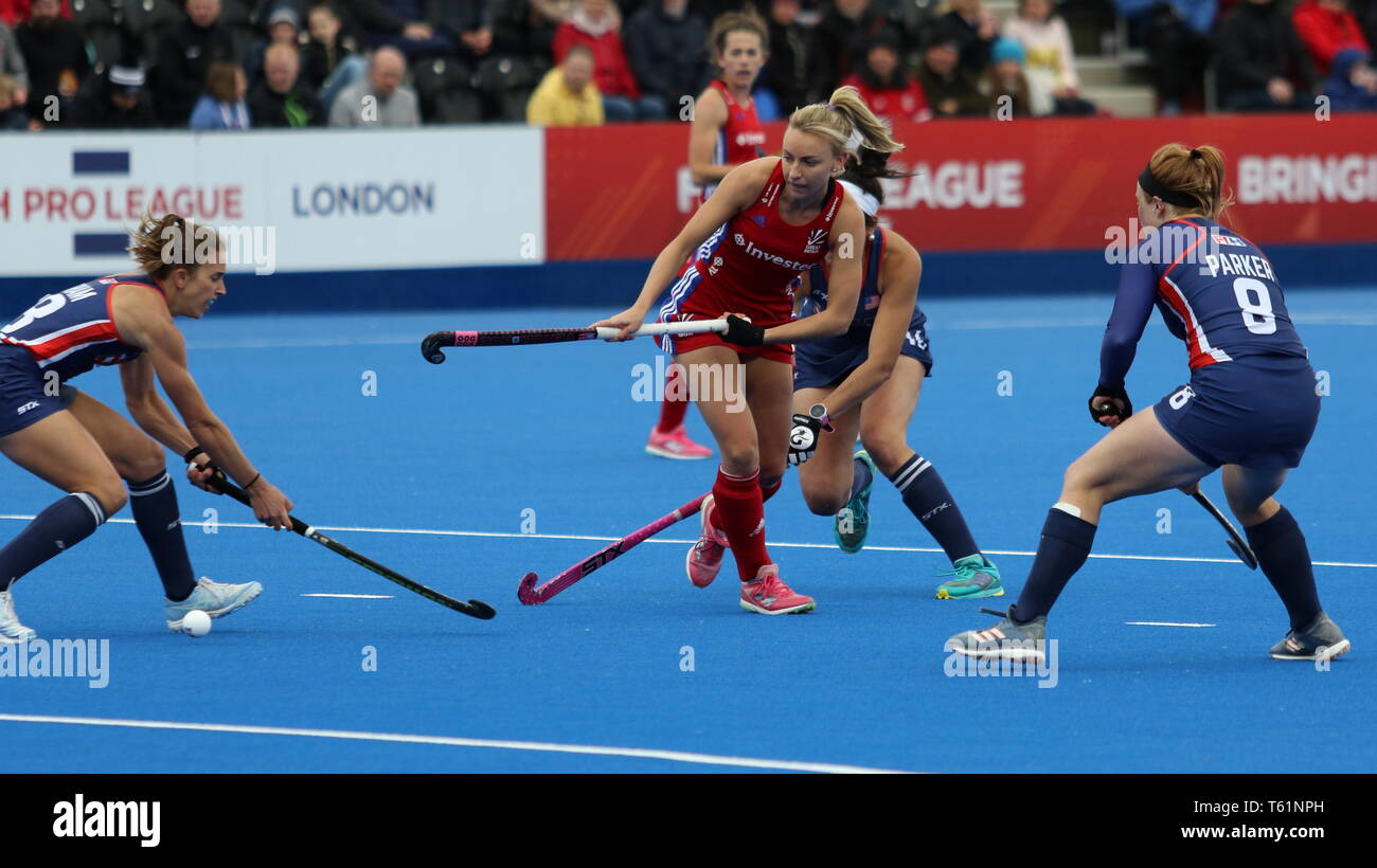 Hannah Martin (GBR) in the 2019 FIH Pro League Great Britain v United States women’s hockey match at Queens Elizabeth Olympic Park, London. Stock Photo