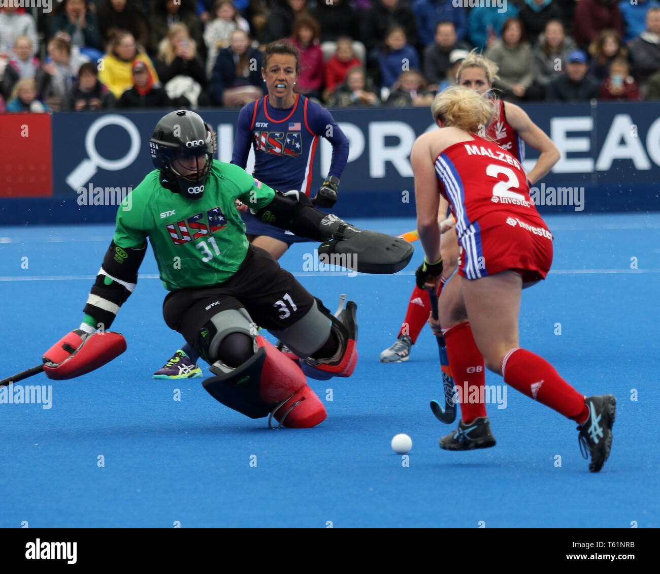 Alex Malzer (GBR) looking to shoot in the 2019 FIH Pro League Great Britain v United States women’s hockey match at the Olympic Park, London Stock Photo
