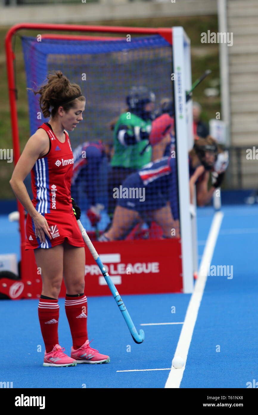 Anna Toman composing in the 2019 FIH Pro League Great Britain v United States women’s hockey match at Queens Elizabeth Olympic Park, London. Stock Photo