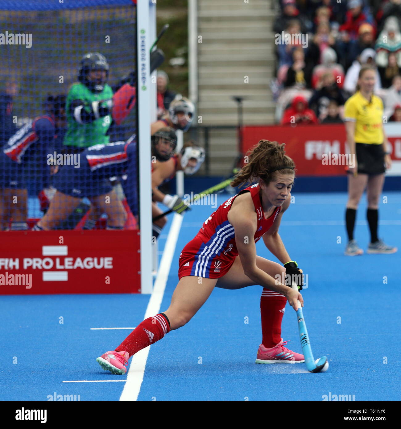 Anna Toman GBR taking the penalty in the 2019 FIH Pro League Great Britain v United States women’s hockey match at Queens Elizabeth Olympic Park, Stock Photo
