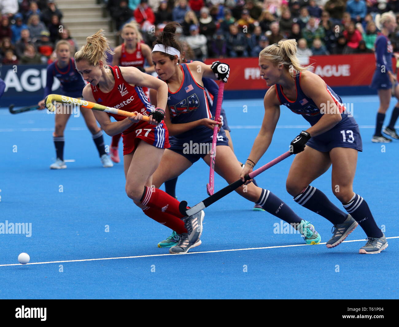 Jo Hunter (GBR) attacking for the strike in the 2019 FIH Pro League Great Britain v United States women’s hockey match at the Olympic Park, London Stock Photo
