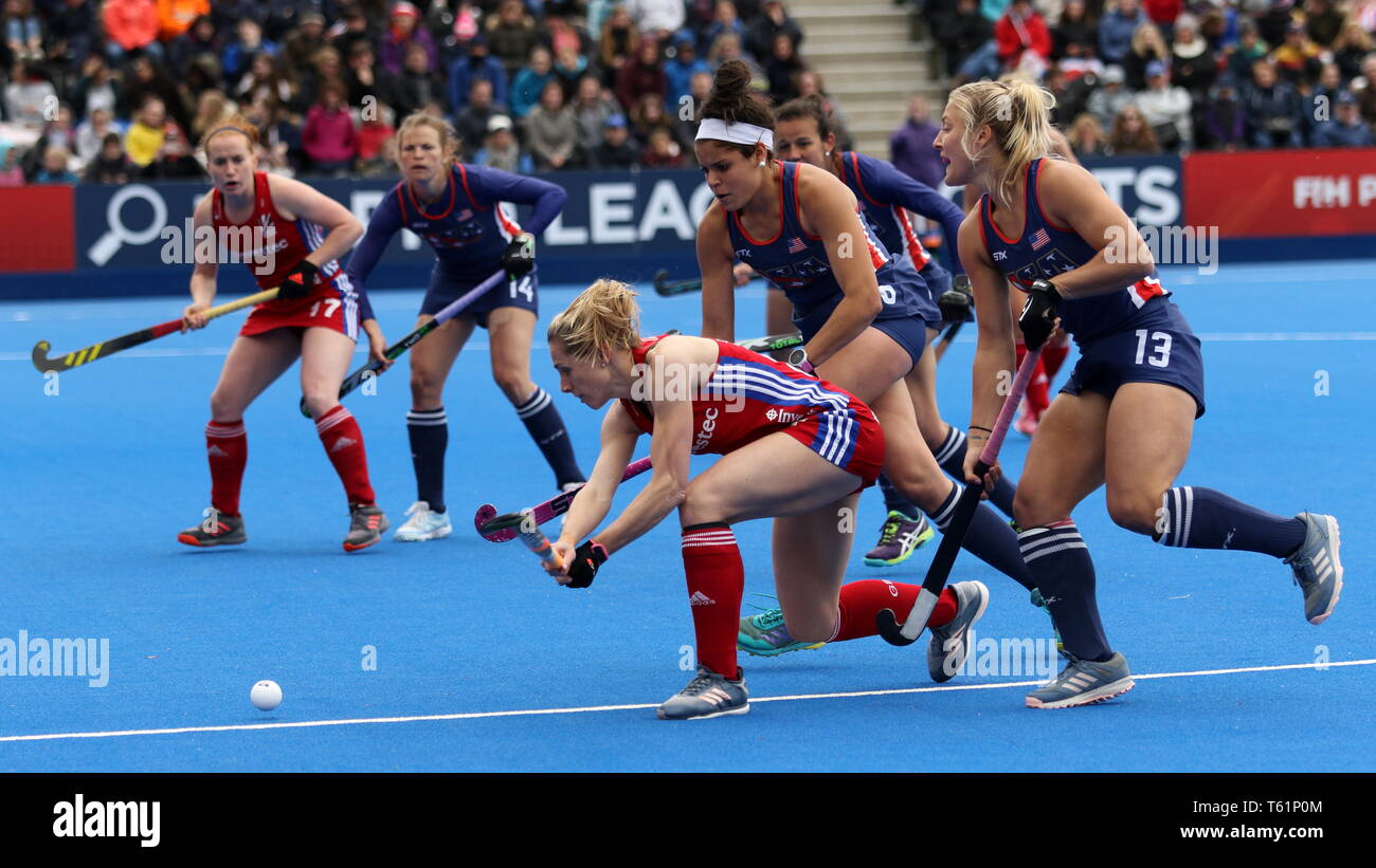 Jo Hunter (GBR) attacking for the strike in the 2019 FIH Pro League Great Britain v United States women’s hockey match at the Olympic Park, London Stock Photo