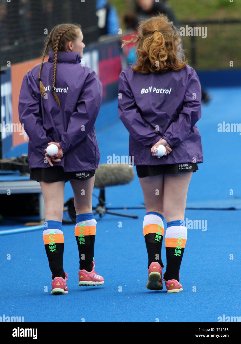 Ball patrol for the 2019 FIH Pro League Great Britain v United States women’s hockey match at Queens Elizabeth Olympic Park, London. 27th April 2019. Stock Photo