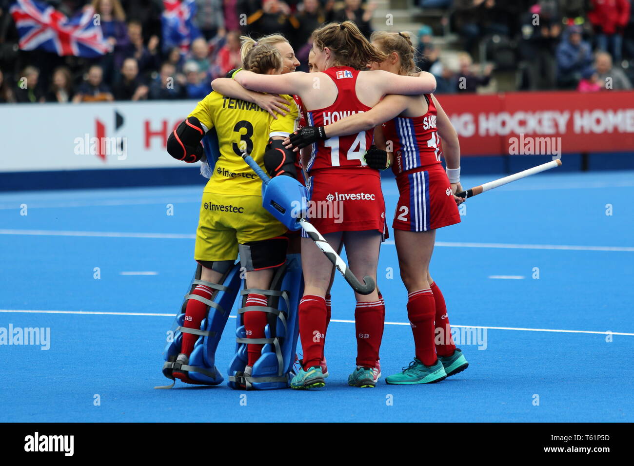 Celebration after winning 2:1 in the 2019 FIH Pro League Great Britain v United States women’s hockey match at Queens Elizabeth Olympic Park, London.  Stock Photo