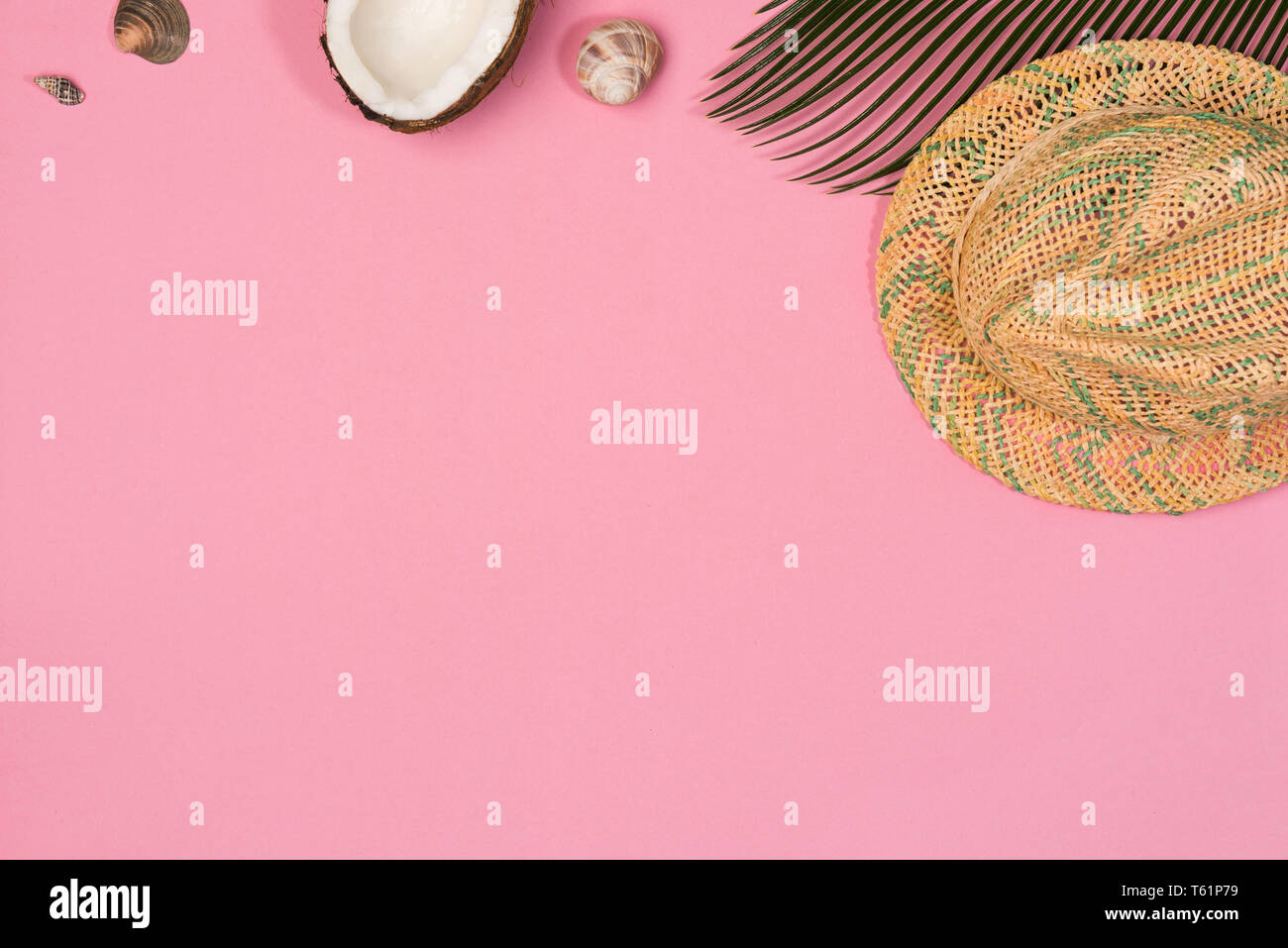 hat and palm leaf isolated on a pink background, top view Stock Photo ...